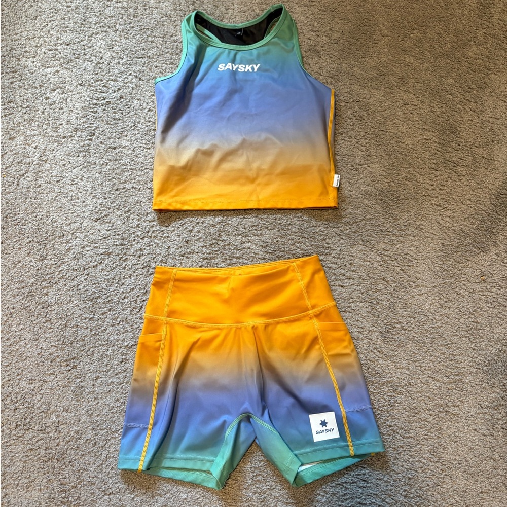 SAYSKY Women's Gradient Yellow Blue Crop Tank and Shorts Set Running Active XS